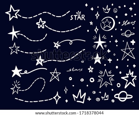 White star doodle on black. Abstract hand drawn scribble stars shape elements. Cartoon line marker sketch for text emphasis on chalck board background. Pen graphic and highlight sketch graffiti style