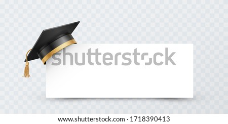 Graduate college, high school or university cap isolated on transparent background. Vector 3d degree ceremony hat with white paper banner. Black educational student cap and blank frame Royalty-Free Stock Photo #1718390413