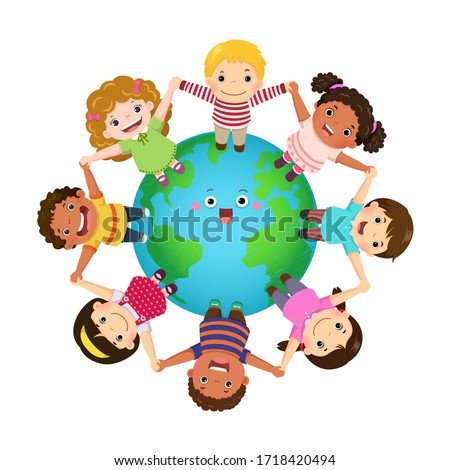 Multicultural kids holding hands together around the world. Happy Children’s day.