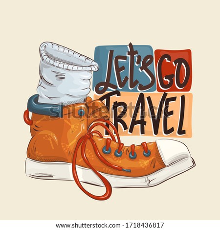 Let's go travel - color flat hand drawn vector illustration of vacation time. Orange sneaker with a fashionable pattern. Cartoon style. Child t-shirt design idea.
