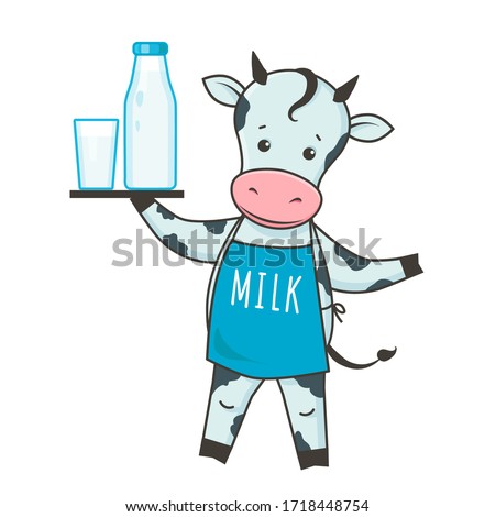 Cute dairy cow cartoon character in kawaii style holding milk bottle, glass of milk, wearing apron. Vector for World milk day, shavuot consept, logo, mascot, children illustration, stickers. Isolated 