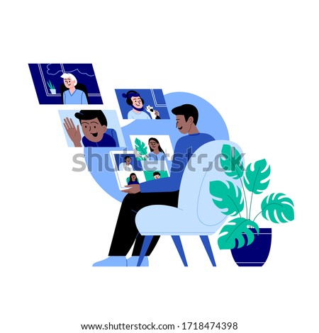A man staying home meeting up with work team or friends online via conference video call Royalty-Free Stock Photo #1718474398