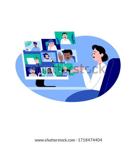 A woman staying home meeting up with work team or friends online via conference video call Royalty-Free Stock Photo #1718474404