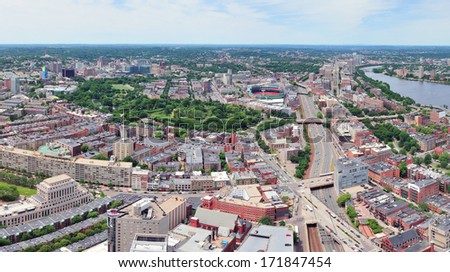 Boston city aerial panorama view with urban buildings and highway. 