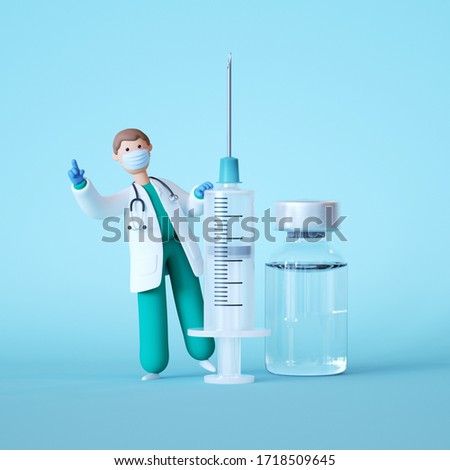 3d render. Cartoon doctor character holding big syringe, standing near glass bottle with clear liquid. Clip art isolated on blue background. Vaccination medical concept. Vaccine against virus