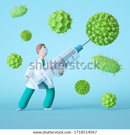 3d render. Vaccine against virus. Doctor cartoon character fighting against coronavirus covid-19 with big syringe. Clip art isolated on blue background. Vaccination clinical research, medical concept