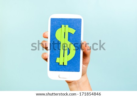 Green dollar money sign symbol mobile phone, smartphone, on blue background.
