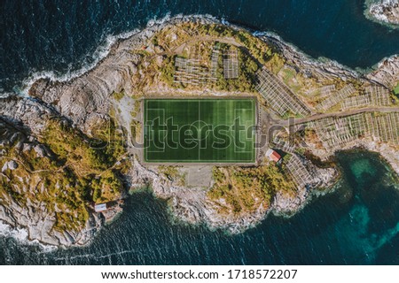 Aerial view of famous football field in Henningsvaer Lofoten Islands, Norway.
