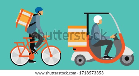 delivering food on a Bicycle and delivering the food to the car. a drawing in the style of the cartoon. stock vector illustration. EPS 10.
