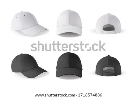 Baseball cap. Realistic baseball cap template front, side, back views. Black and white blank cap isolated on white background. Empty mockup set with different side of sport hat. Royalty-Free Stock Photo #1718574886