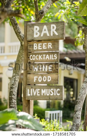 Wooden food and drink sign, bar and live music sign
