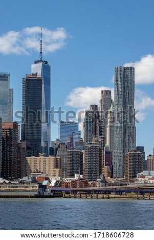 View of the Manhattan skyline from Brooklyn on a sunny day in April during the Coronavirus pandemic