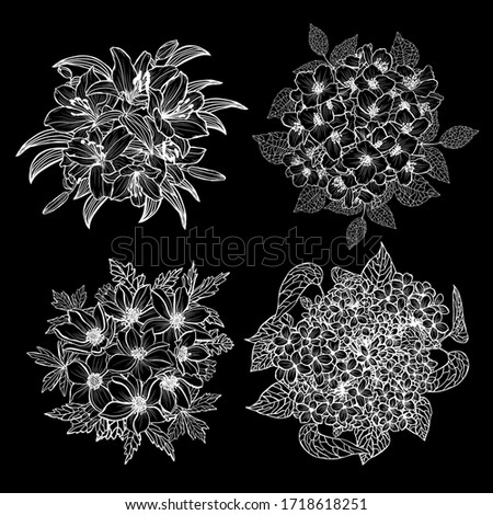 Decorative abstract  flowers set, design elements. Can be used for cards, invitations, banners, posters, print design. Floral background in line art style