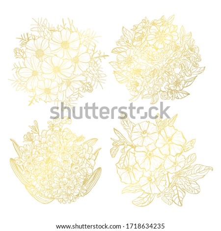Decorative abstract golden flowers set, design elements. Can be used for cards, invitations, banners, posters, print design. Floral background in line art style
