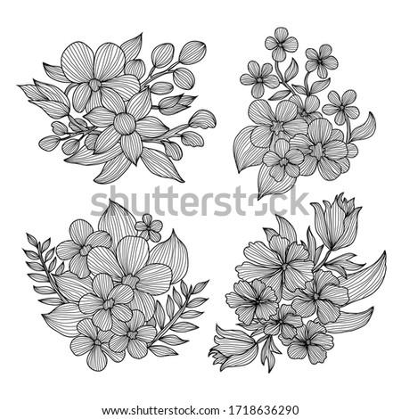 Decorative abstract  flowers set, design elements. Can be used for cards, invitations, banners, posters, print design. Floral background in line art style