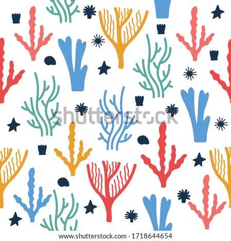 Vector pattern sea corals and different seaweed . Cute and bright illustration. Sea and ocean illustration isolated on white background .Perfect for summer greeting cards.