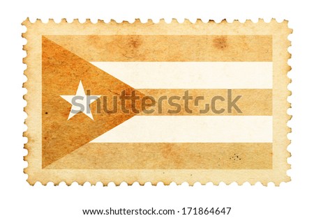 Water stain mark of Cuba flag on an old retro brown paper postage stamp. 