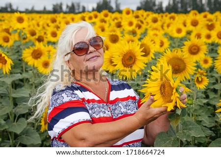 Portrait of an elderly woman in a field of sunflowers. Rural area, Russia.