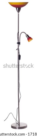 isolated shot of a nickel red and orange uplighter torchiere floor lamp with a small reading light, on a white background Royalty-Free Stock Photo #1718692750