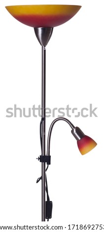 isolated shot of a nickel red and orange uplighter torchiere floor lamp with a small reading light, on a white background Royalty-Free Stock Photo #1718692753