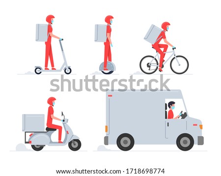 Online delivery service. Truck, electric scooter, gyroboard, scooter and bicycle courier, delivery man in respiratory mask and gloves. Delivery service concept. Flat Style. isolated on white backgroun