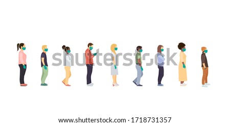 people stand queue. Full length of cartoon sick people in medical masks and gloves standing in line against at a safe distance. flat vector illustration Royalty-Free Stock Photo #1718731357