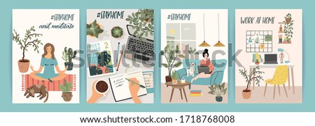 Stay at home. People stay in cozy house. Vector illustrations. Concept for self-isolation during quarantine and other use. Royalty-Free Stock Photo #1718768008