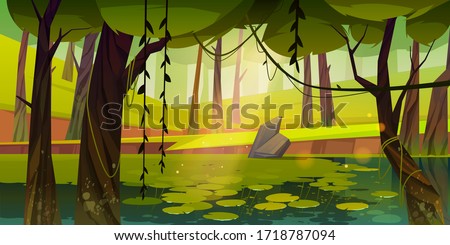 Swamp or lake with water lilies in forest. Nature landscape with marsh in deep wood. Computer game background, fantasy mystic scenery view with wild pond covered with ooze, Cartoon vector illustration Royalty-Free Stock Photo #1718787094