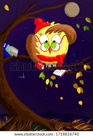 illustration of a learned owl with books a cup of coffee