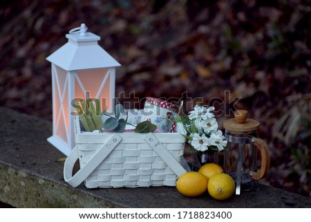 White outdoor picnic basket with white lantern.