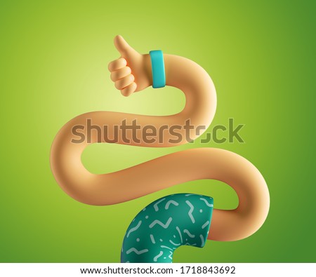 3d render, abstract cartoon character flexible boneless hand, body part, funny like concept, thumb up gesture, isolated on violet background. Surrealistic clip art