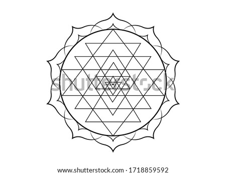 mystical mandala of Sri Yantra for your design. black sacred geometry and alchemy symbol blooming in a lotus flower, tattoo vector isolated on white background  Royalty-Free Stock Photo #1718859592