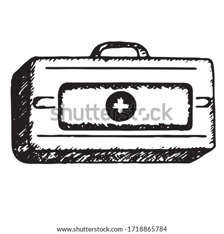 Medical bag  hand-draw sketch. Vector first aid kit on white style. Stock illustration of the medical direction for design and print.