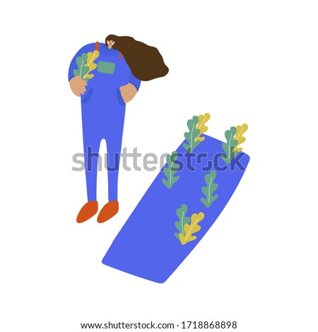 A vector illustration of a girl with plants near a garden bed. Flat design woman and garden. Woman with plant cartoon characters isolated. Demonstration of the garden, vegetable garden, planting