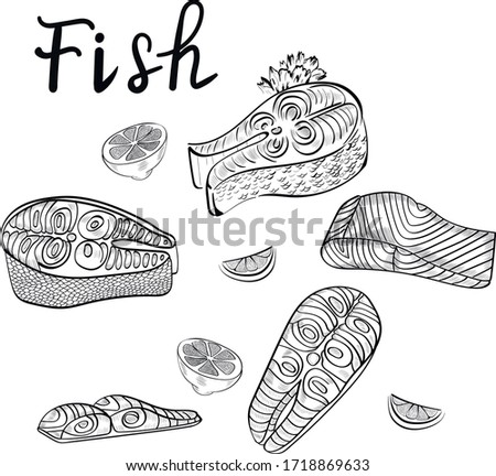 Fish, food, tasty vector isolated design elements on white background. Concept for logo, cards, menu