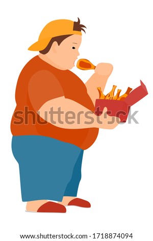 Childhood obesity from malnutrition. Fat boy eats fatty fried chicken legs. Fast food, overeating, greed. Isolated on a white. Vector in a flat style.