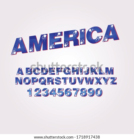 USA flag style font design, alphabet letters and numbers vector illustration