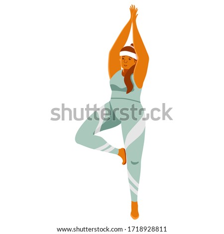 Young girl on white isolated backdrop. Yoga pose for healthy lifestyle blog, landing page, card or cloth print, body positive website. Fitness course or club logo. Flat style stock vector illustration