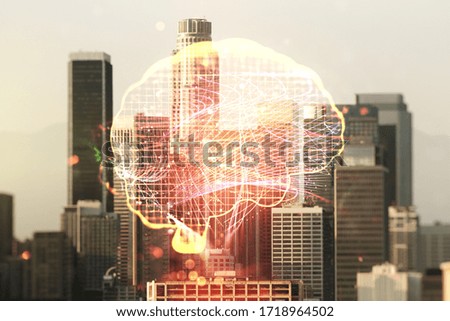 Double exposure of creative human brain microcircuit hologram on Los Angeles office buildings background. Future technology and AI concept