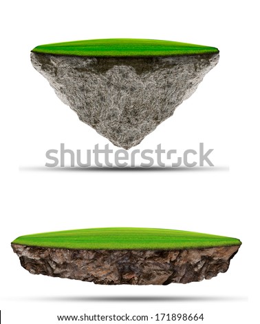 two kind of floating green grass  field over rock island on white use for multipurpose nature and creative background  or backdrop