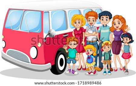 Happy family in front of car illustration