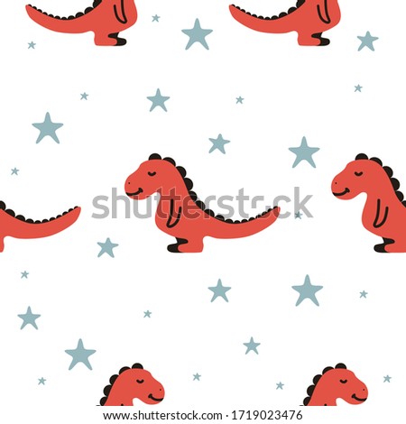 Vector seamless pattern. Orange dinosaurs. Children's background. Stars.