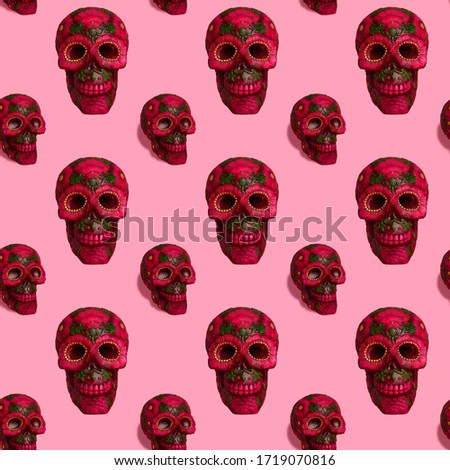  Square seamless background pattern from black skull with flowers. Mexican decorated skull on a pink background. 