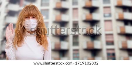 senior woman with medical mask and gloves making stop symbol with her hands. quarantine. Corona Virus health concept