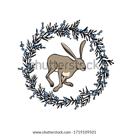 Vector card with hand drawn sweet jumping hare in floral berry wreath. Perfect design elements, beautiful animal illustration, ink drawing