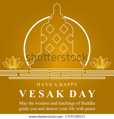 Vesak day banner with Gold Borobudur temple on circle and Lotus petals on dark golden background vector design
