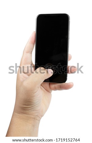 Closeup studio shot people using smartphone for scan or take picture. black phone blank screen on left hand, isolated on white background.
