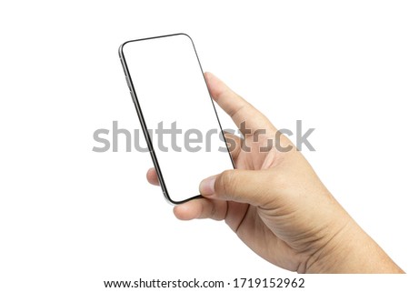 Closeup studio shot people using smartphone for scan or take picture. phone blank screen on right hand, isolated on white background.