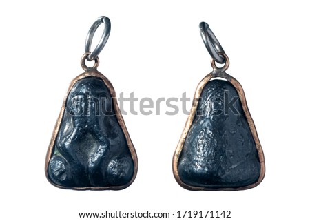 Thai Amulet isolate on a white background. See No Evil Buddha. Buddha image made of several metal. Front and back.