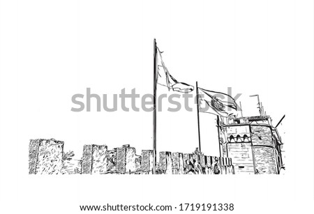 Building view with landmark of San Marino is a mountainous microstate surrounded by north-central Italy. Hand drawn sketch illustration in vector.